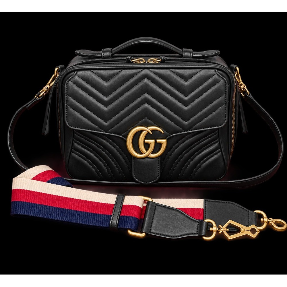 GUCCI Marmont Medium Flap Shoulder Bag Black Leather Authentic